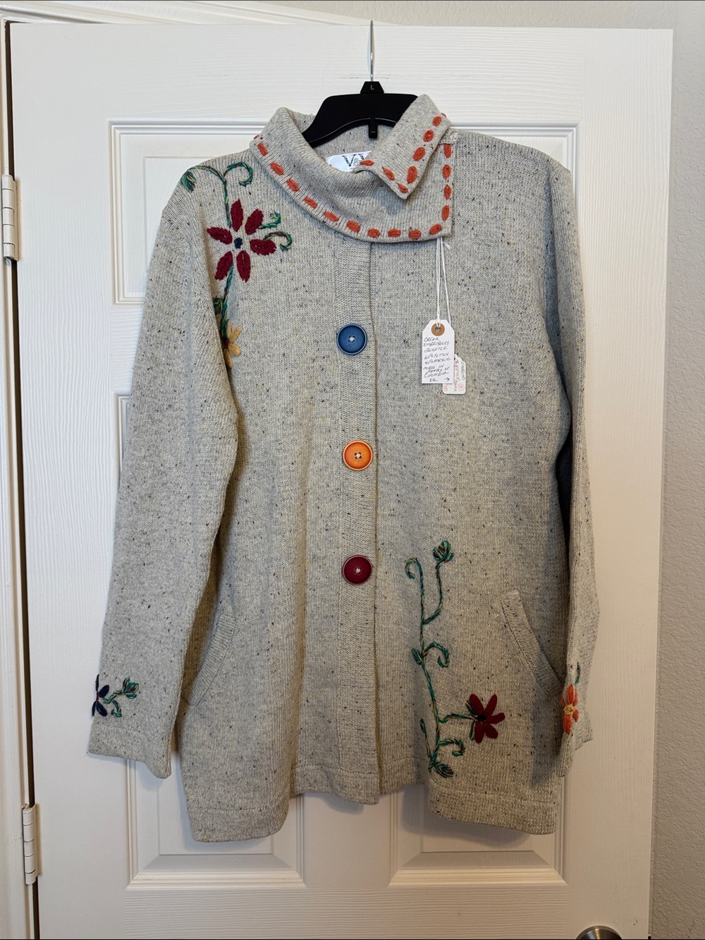 Embroidered Cream Button-Front Sweater Coat with Colorful Buttons
